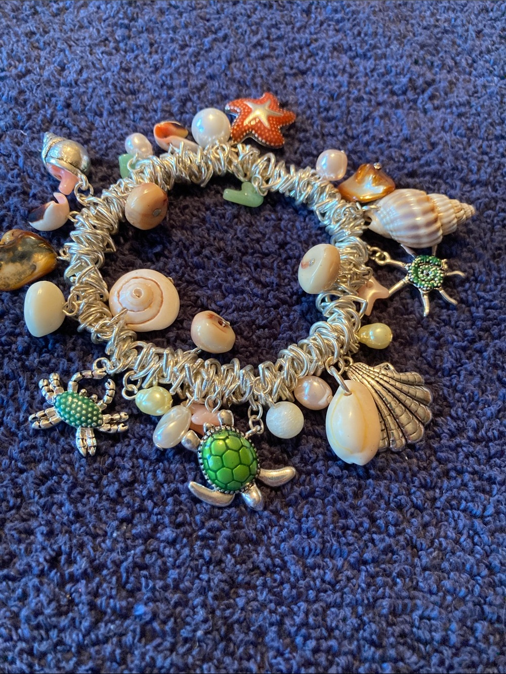 Seaside Charm Bracelet with Green Turtle and Shell Charms